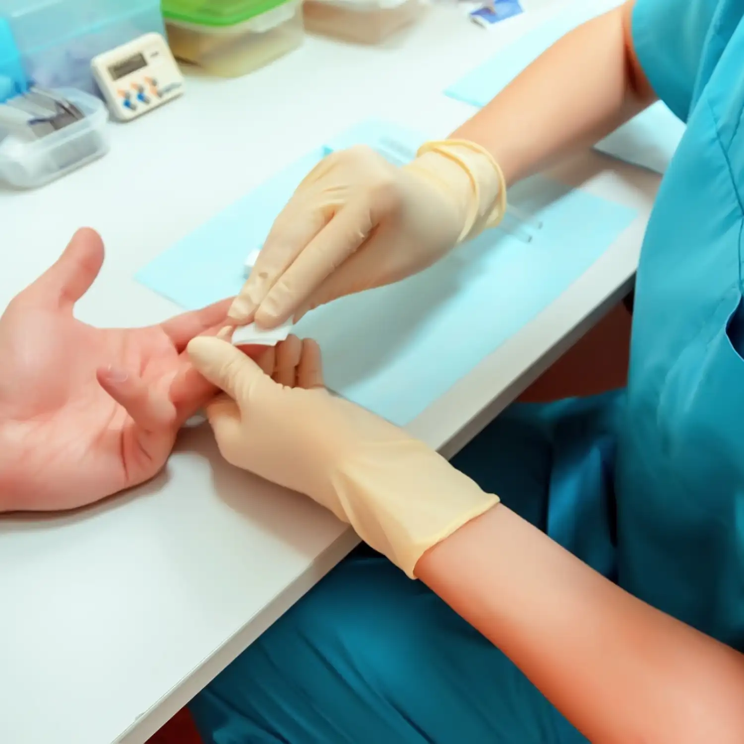 Labordiagnostik in der Hausarztpraxis Fischbach. Person bekommt die Finger für die Untersuchung desinfiziert.